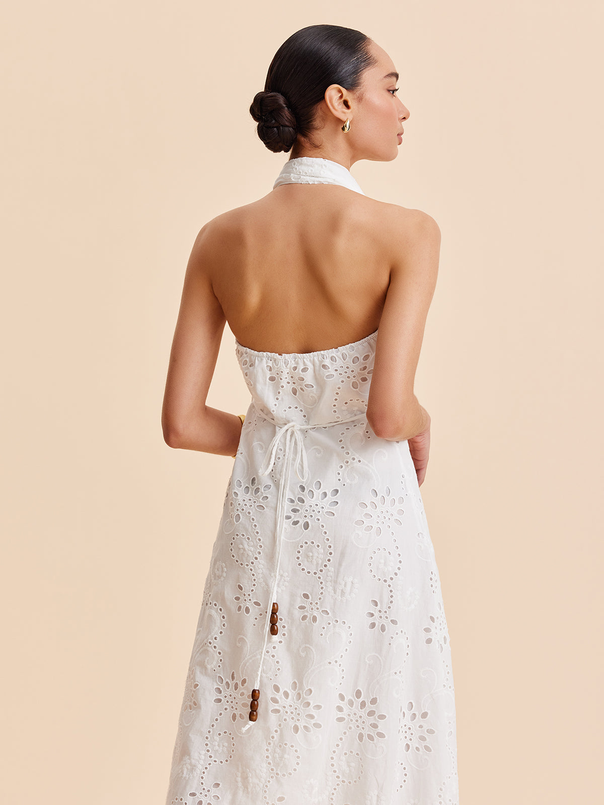 Halter Neck Eyelet Belted Midi Dress-Chicvia