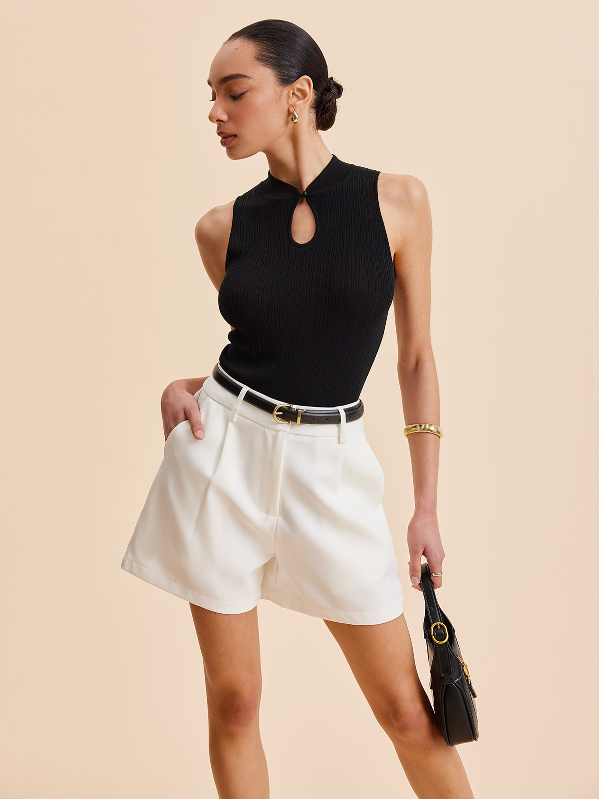 Mock Neck Keyhole Knit Vest-Chicvia