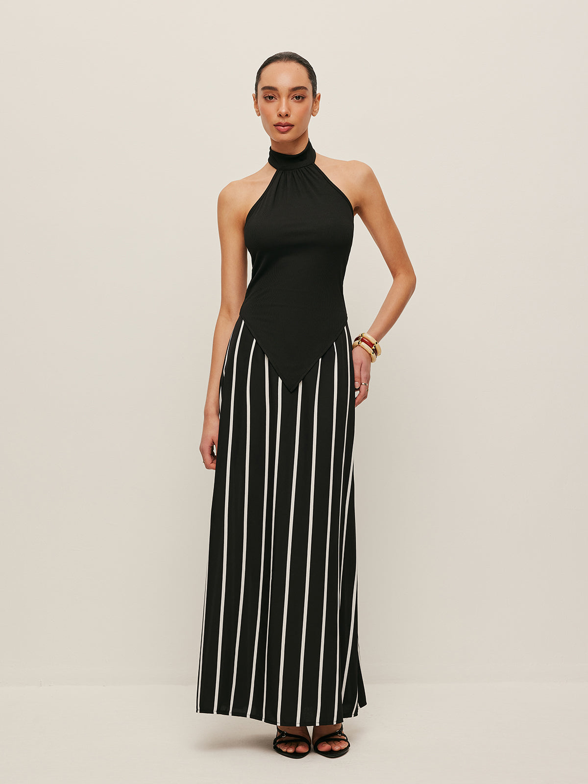 High Neck Asymmetric Panel Stripe Skirt Set-Chicvia