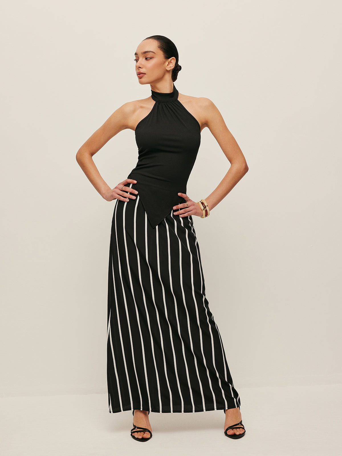 High Neck Asymmetric Panel Stripe Skirt Set-Chicvia