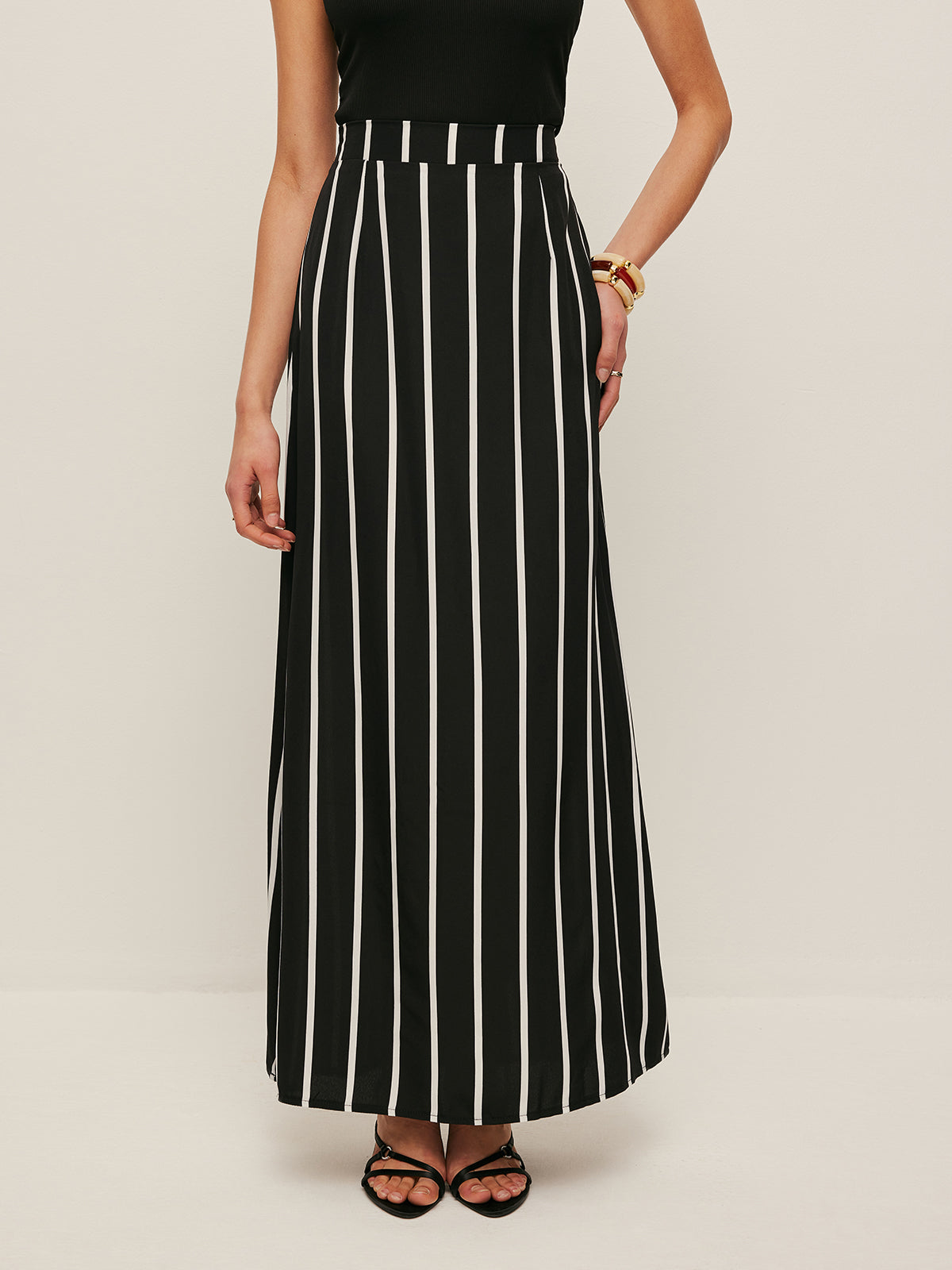 High Neck Asymmetric Panel Stripe Skirt Set-Chicvia