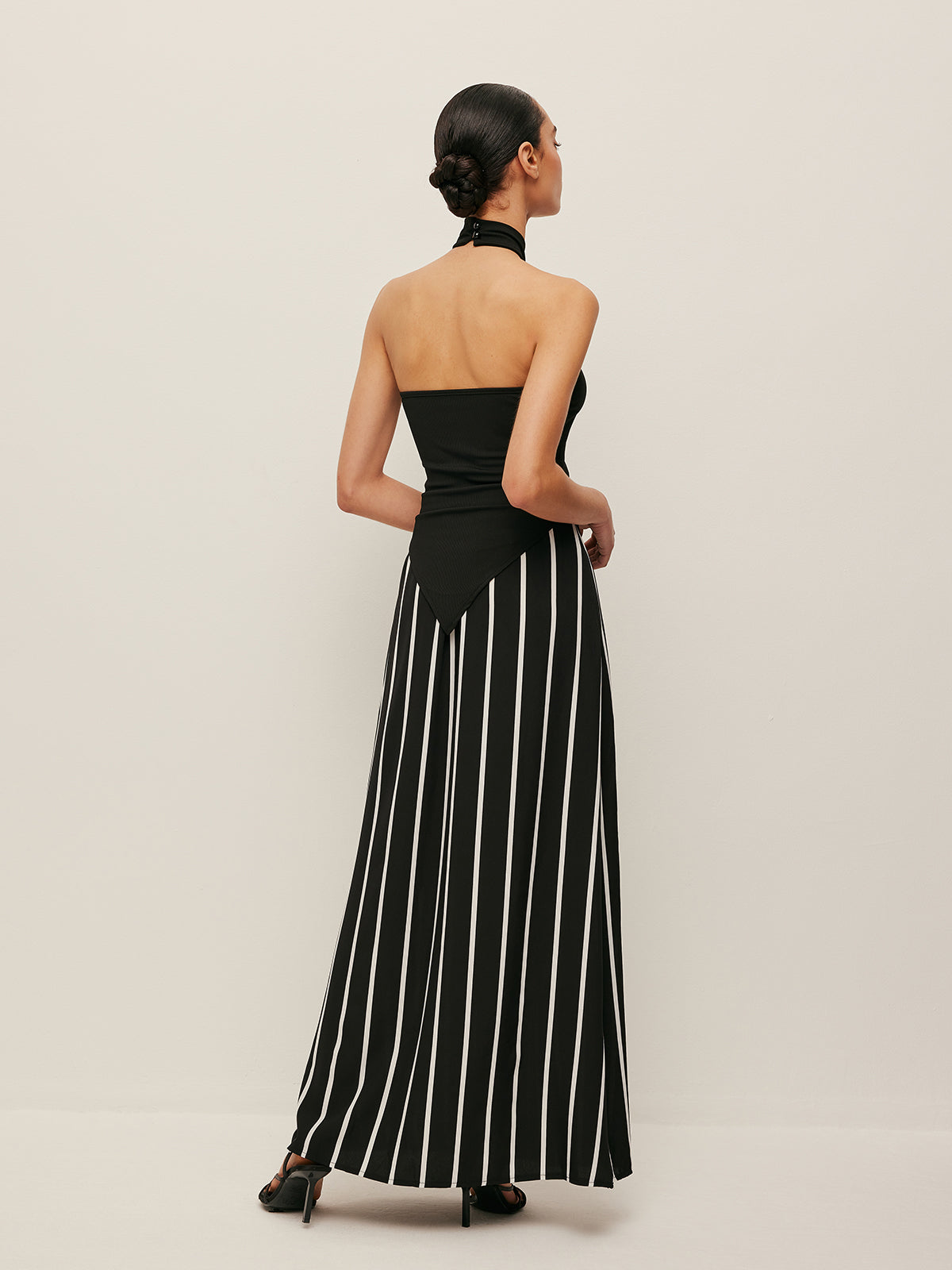 High Neck Asymmetric Panel Stripe Skirt Set-Chicvia