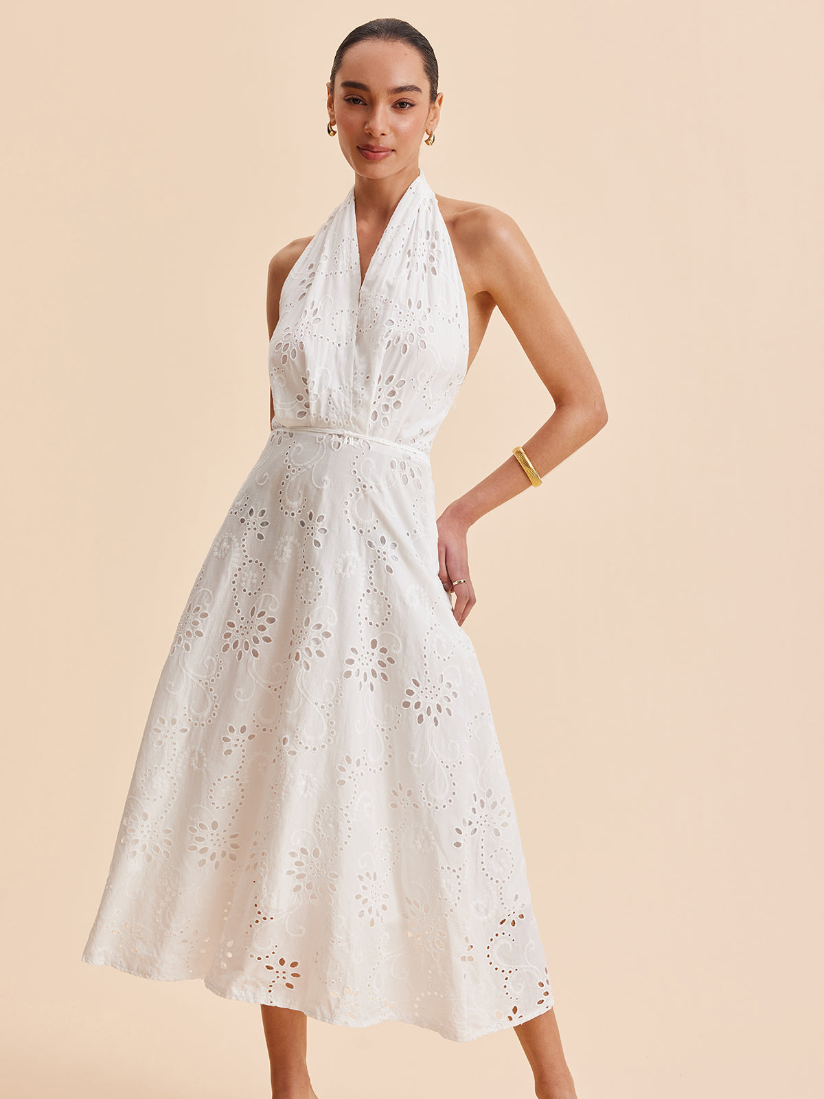 Halter Neck Eyelet Belted Midi Dress-Chicvia