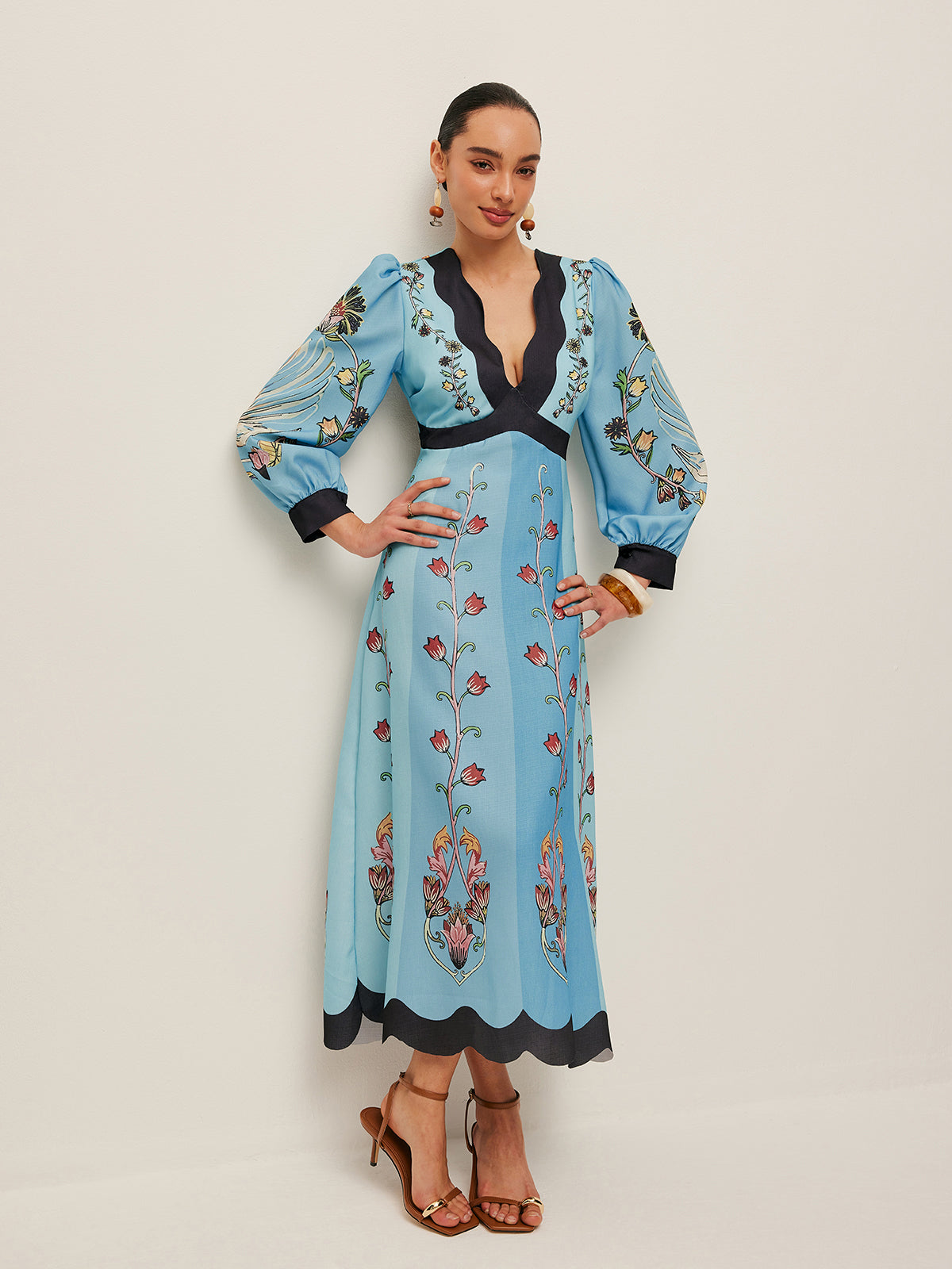 Open-Back Puff Sleeve Floral Dress-Chicvia