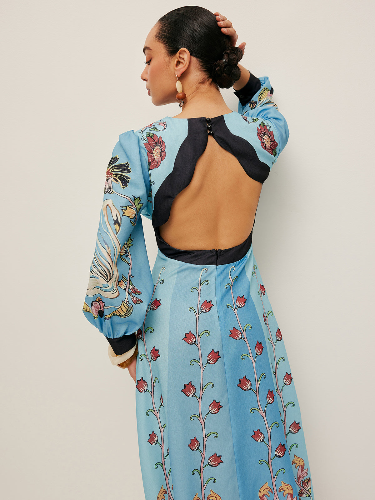 Open-Back Puff Sleeve Floral Dress-Chicvia