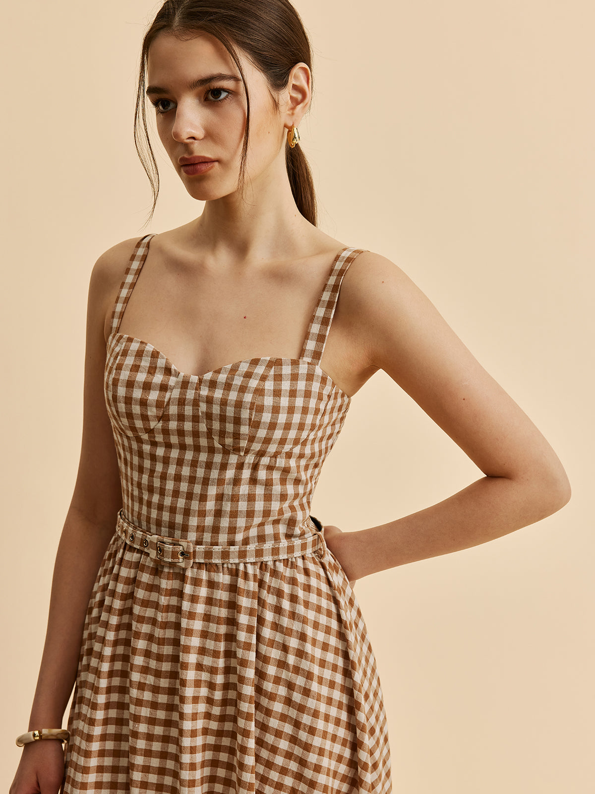 Gingham Belted Bustier Dress-Chicvia