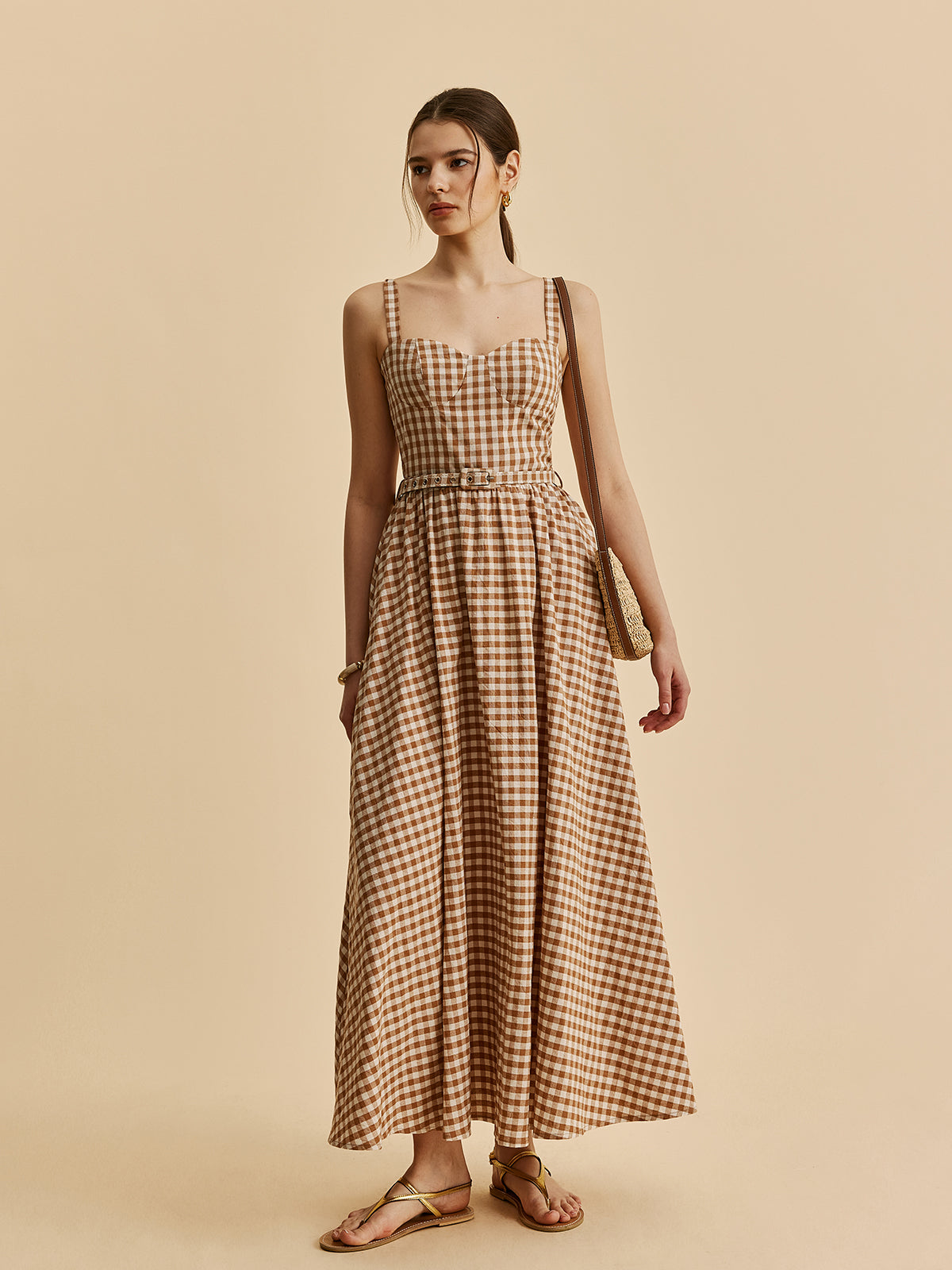 Gingham Belted Bustier Dress-Chicvia