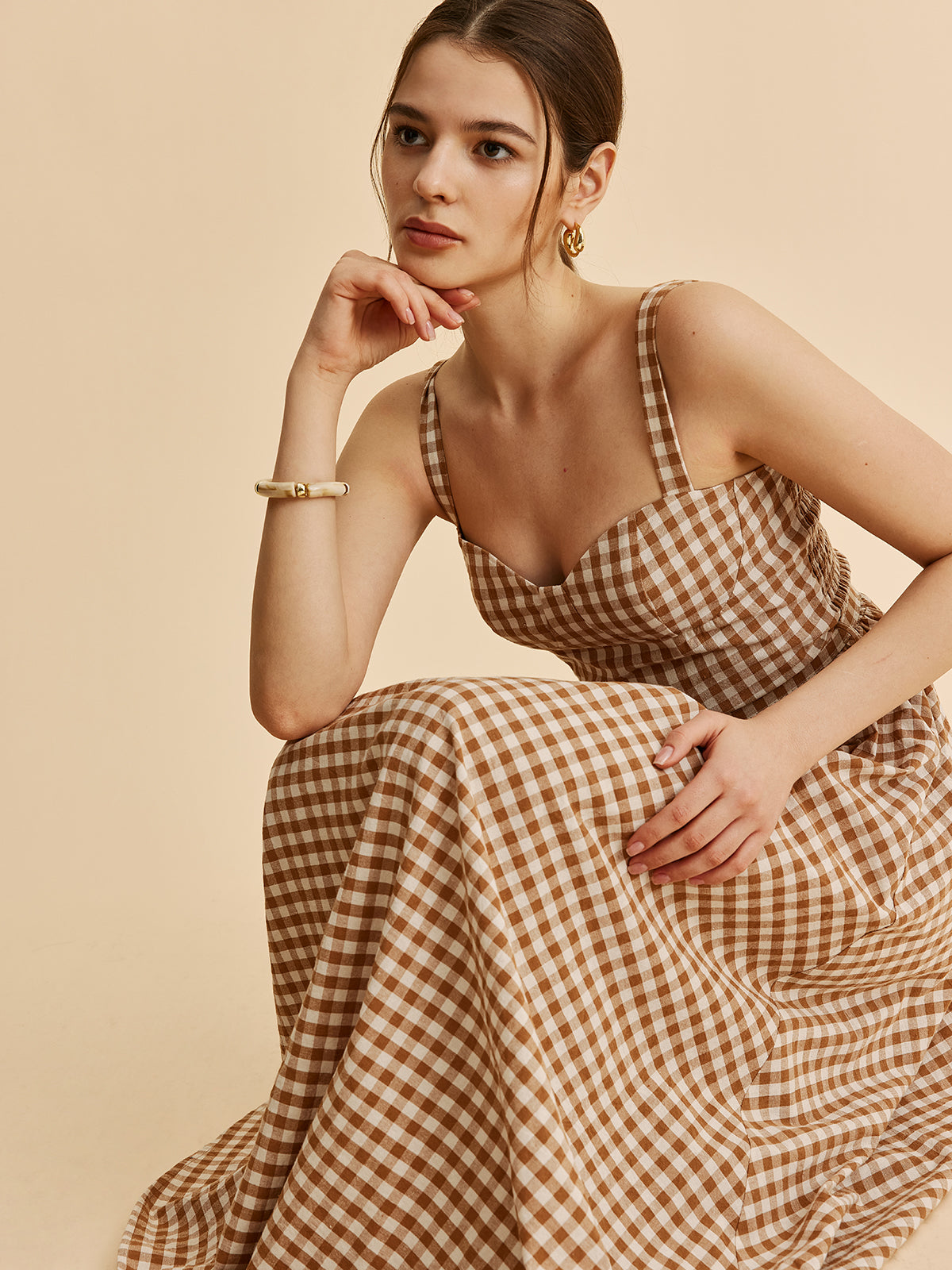 Gingham Belted Bustier Dress-Chicvia