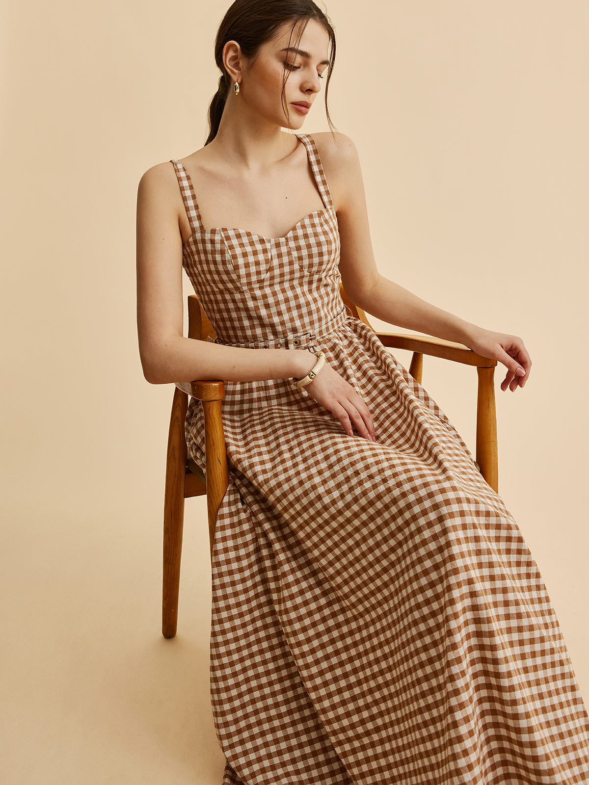 Gingham Belted Bustier Dress-Chicvia