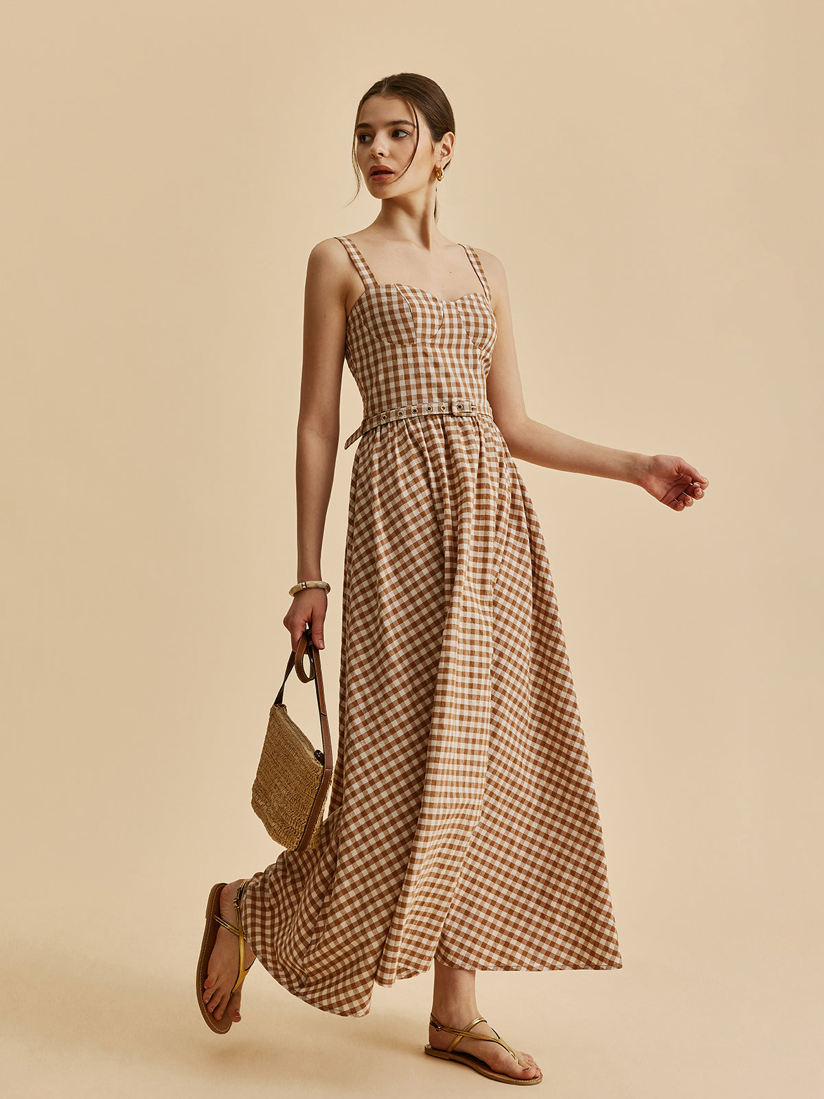 Gingham Belted Bustier Dress-Chicvia