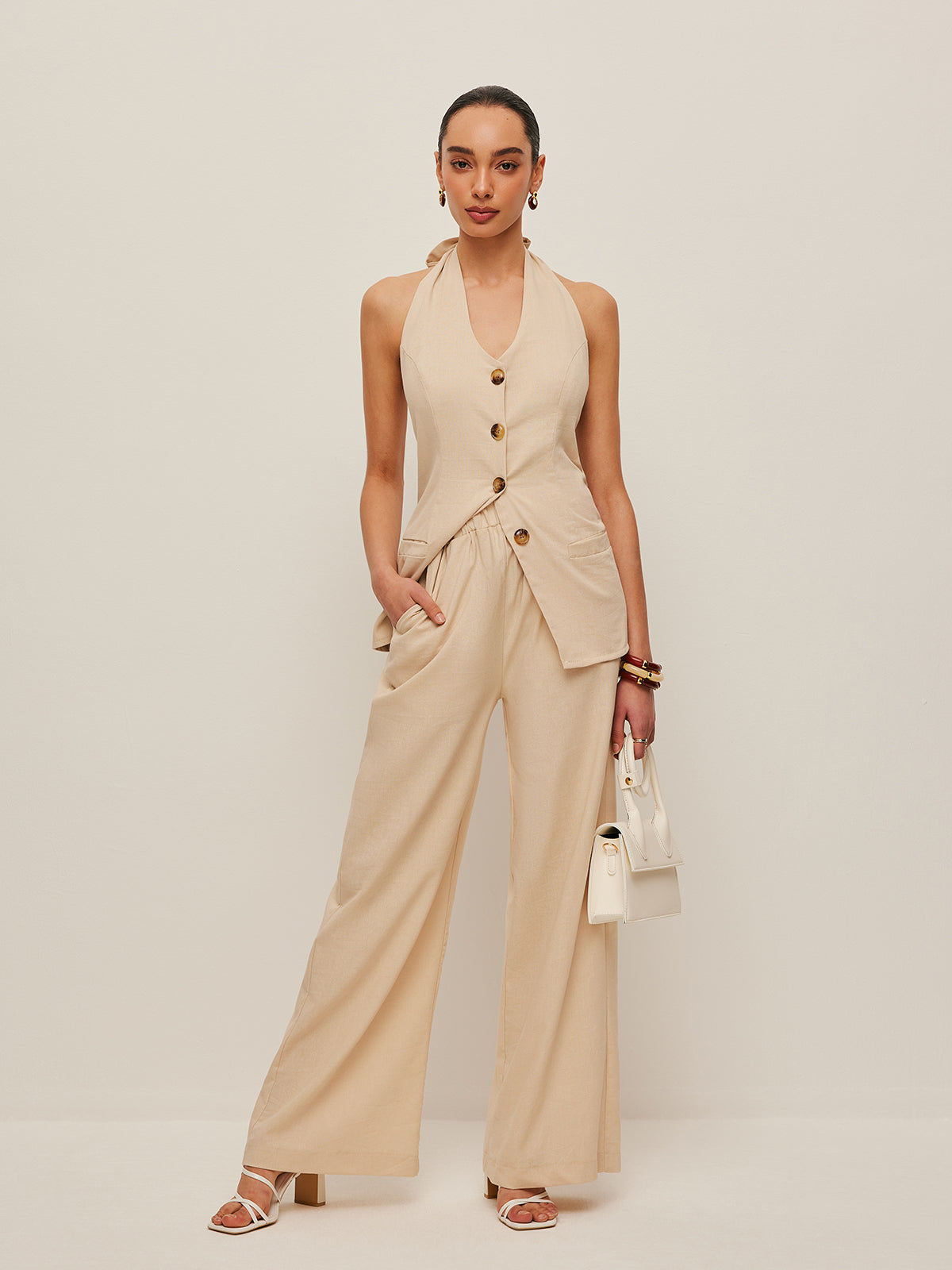 Halter Neck Bow-Tie Pants Set-Chicvia