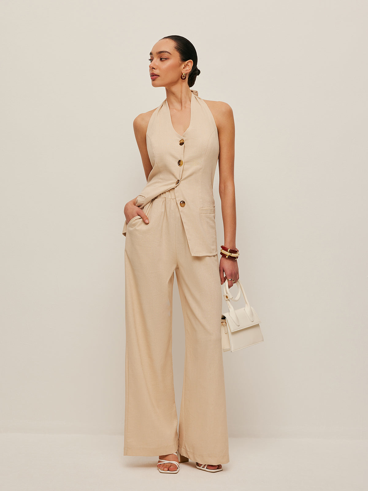 Halter Neck Bow-Tie Pants Set-Chicvia