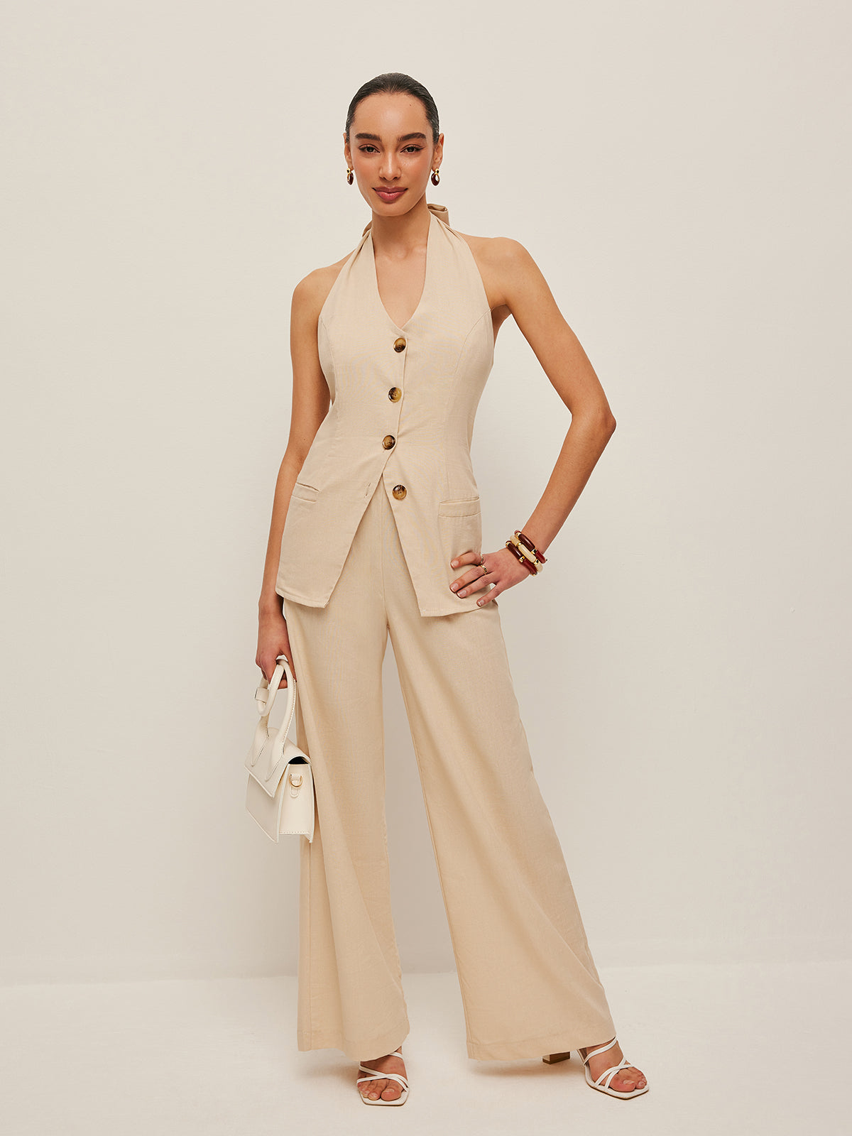 Halter Neck Bow-Tie Pants Set-Chicvia