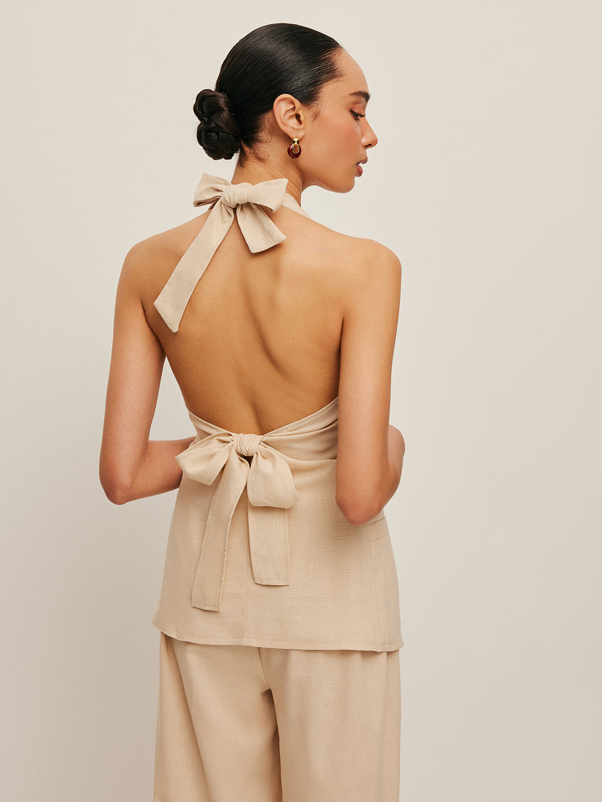 Halter Neck Bow-Tie Pants Set-Chicvia