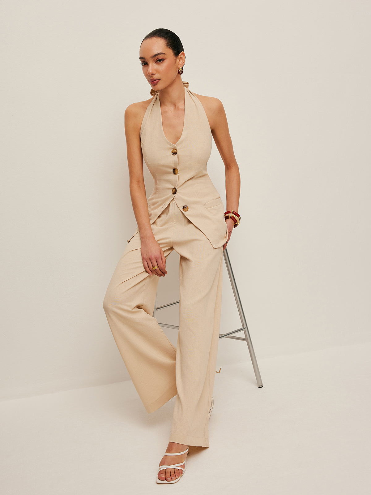 Halter Neck Bow-Tie Pants Set-Chicvia