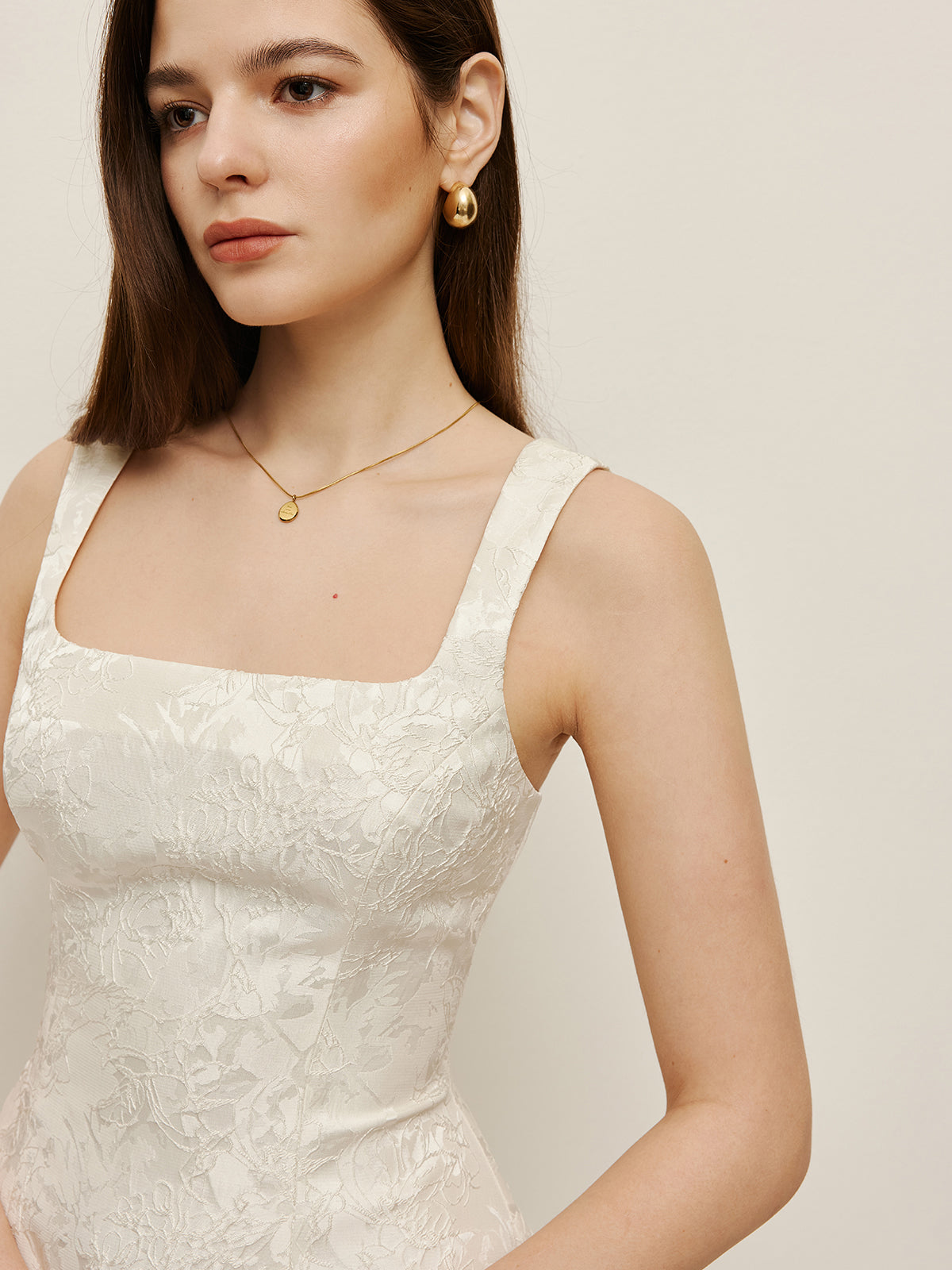 Floral Jacquard Square Neck Dress-Chicvia