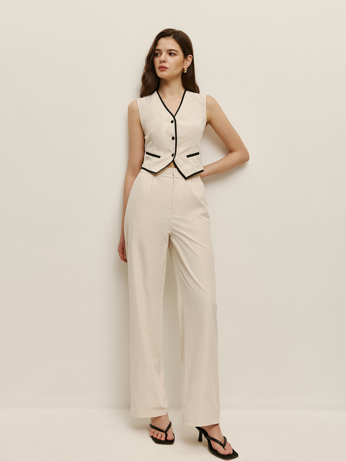 Contrast Trim Vest Pants Set-Chicvia