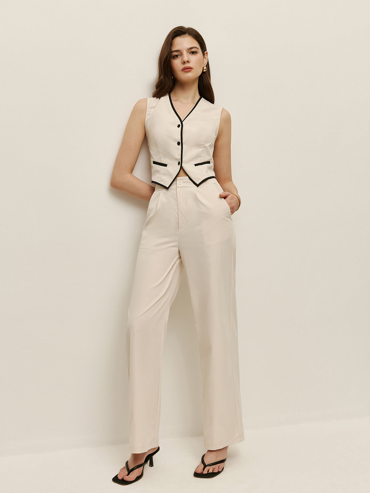 Contrast Trim Vest Pants Set-Chicvia