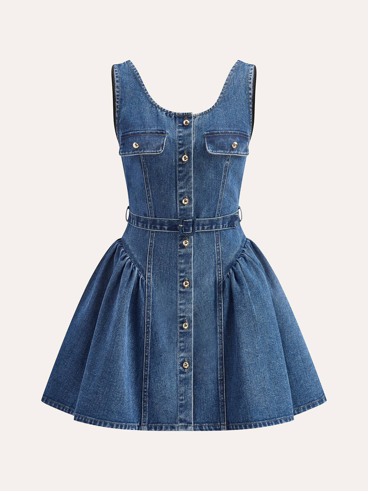 Denim Belted Button-Front Pleated Dress-Chicvia