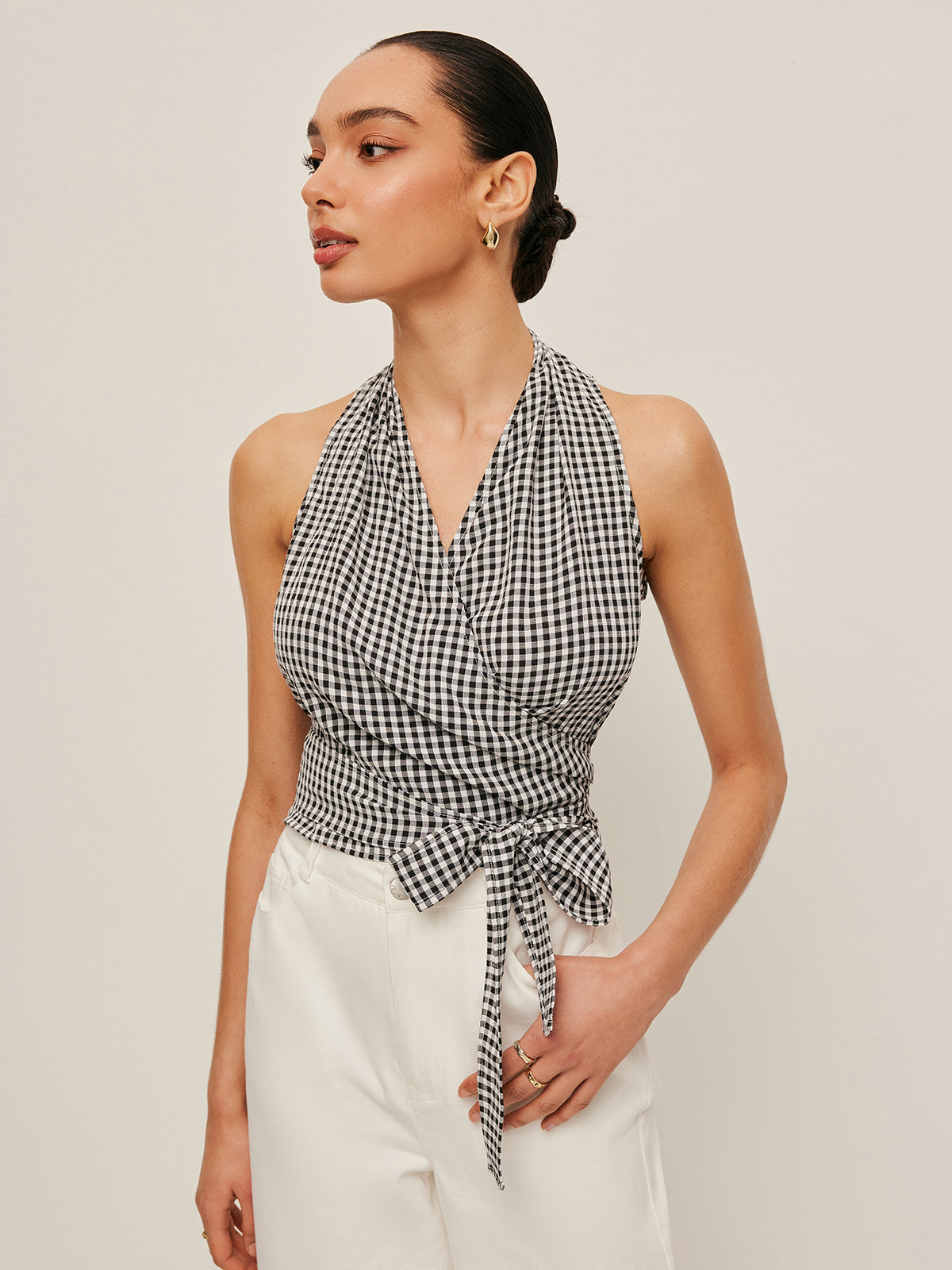 Gingham Halter Wrap Top-Chicvia