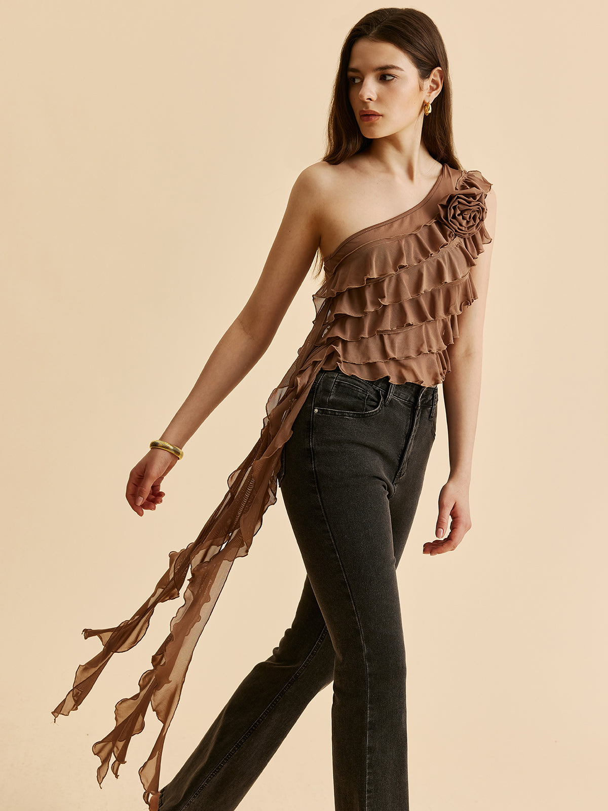 One-Shoulder Ruffled Rosette Detail Top-Chicvia