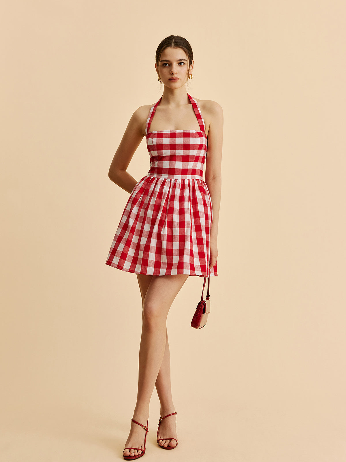 Plaid Halter Flare Dress-Chicvia