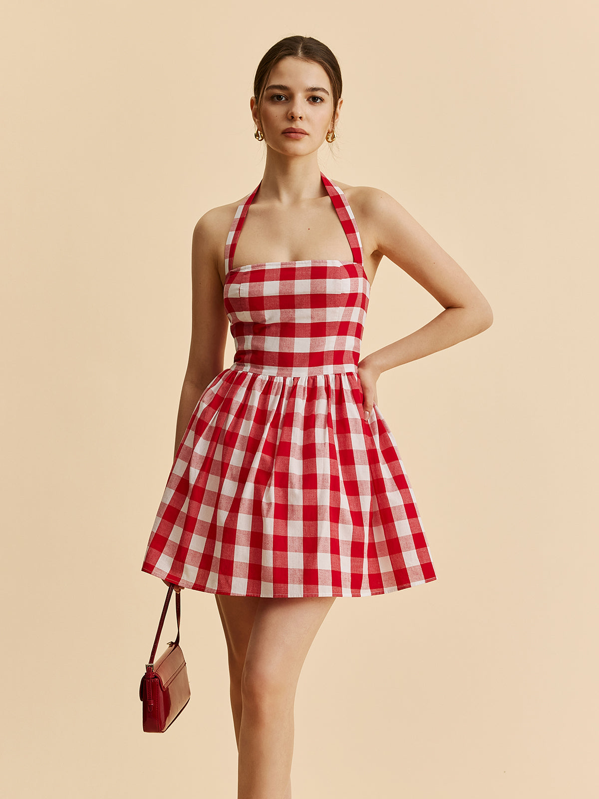 Plaid Halter Flare Dress-Chicvia