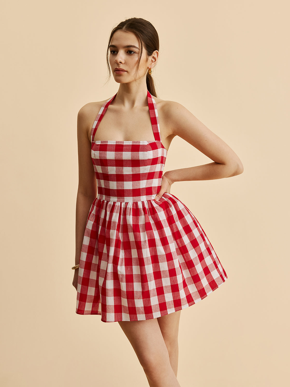 Plaid Halter Flare Dress-Chicvia