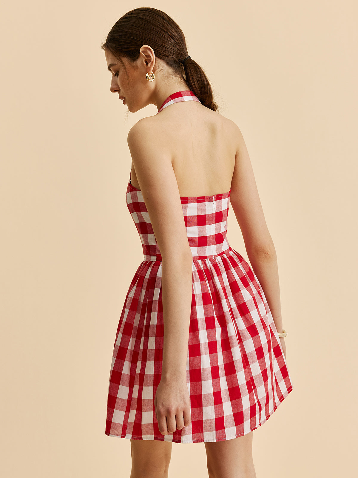 Plaid Halter Flare Dress-Chicvia