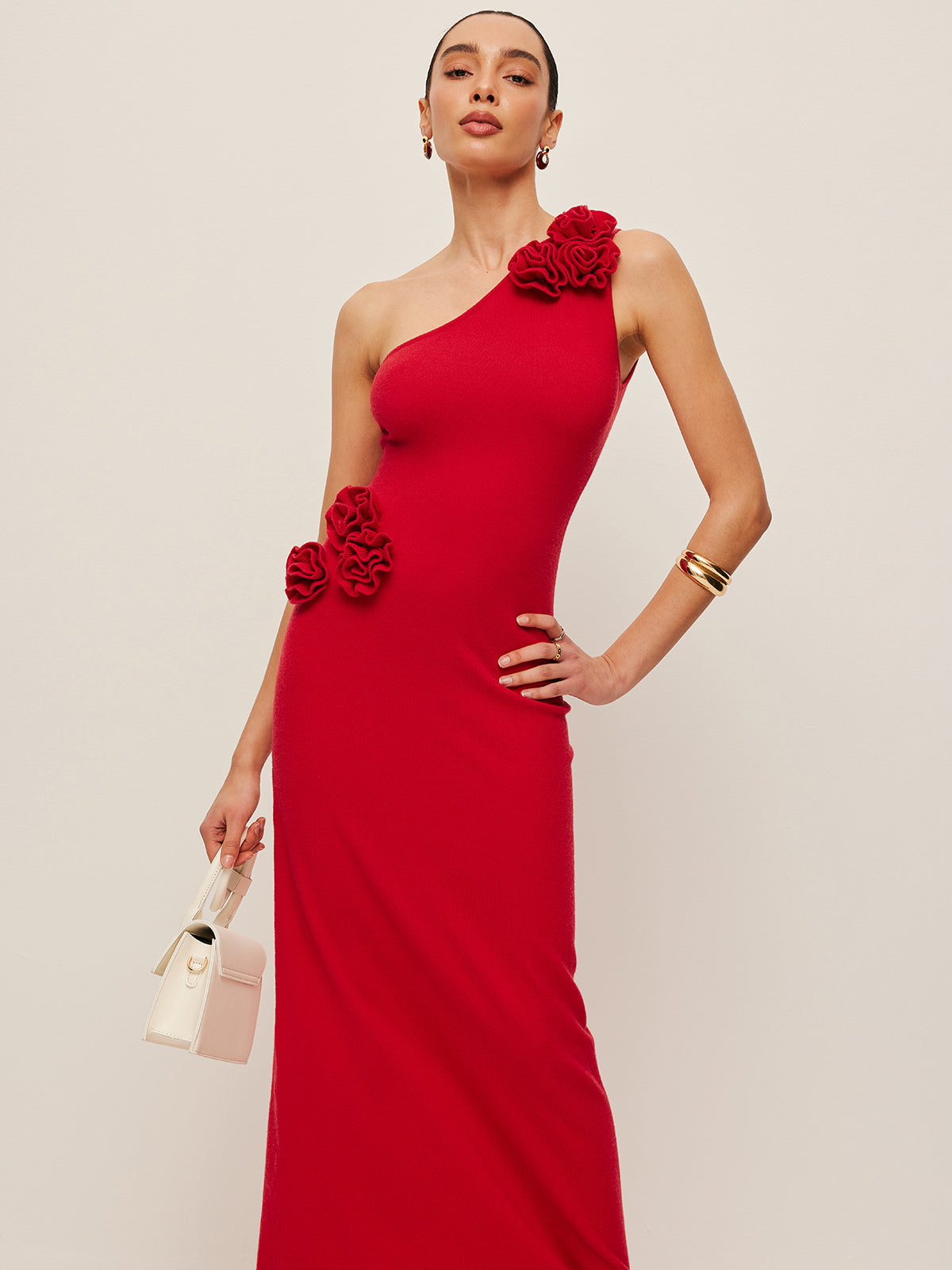 One-Shoulder Floral Accent Dress-Chicvia