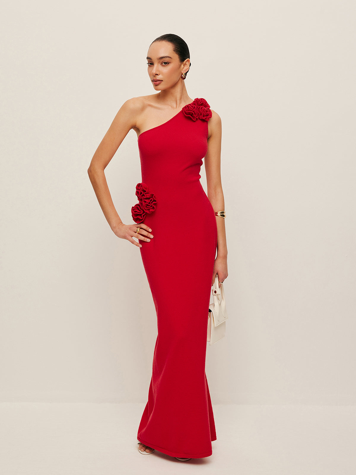 One-Shoulder Floral Accent Dress-Chicvia