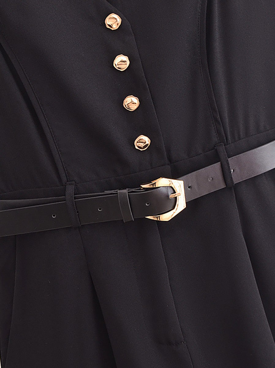 Gold Button Detail Belted Jumpsuit-Chicvia