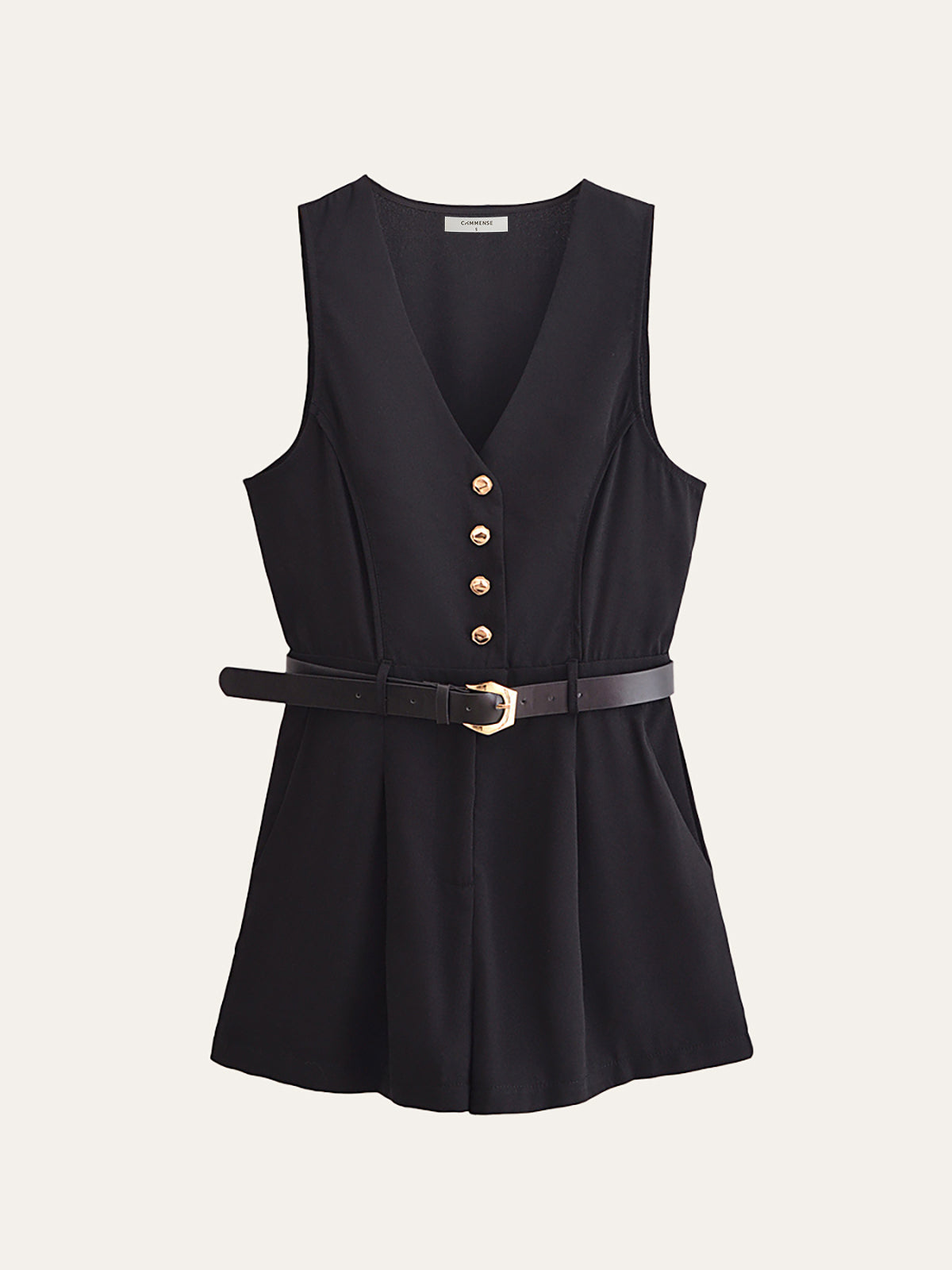 Gold Button Detail Belted Jumpsuit-Chicvia