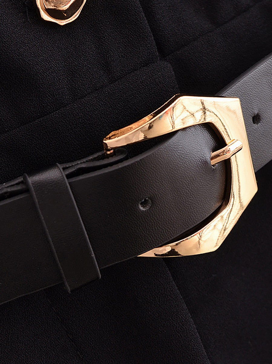 Gold Button Detail Belted Jumpsuit-Chicvia