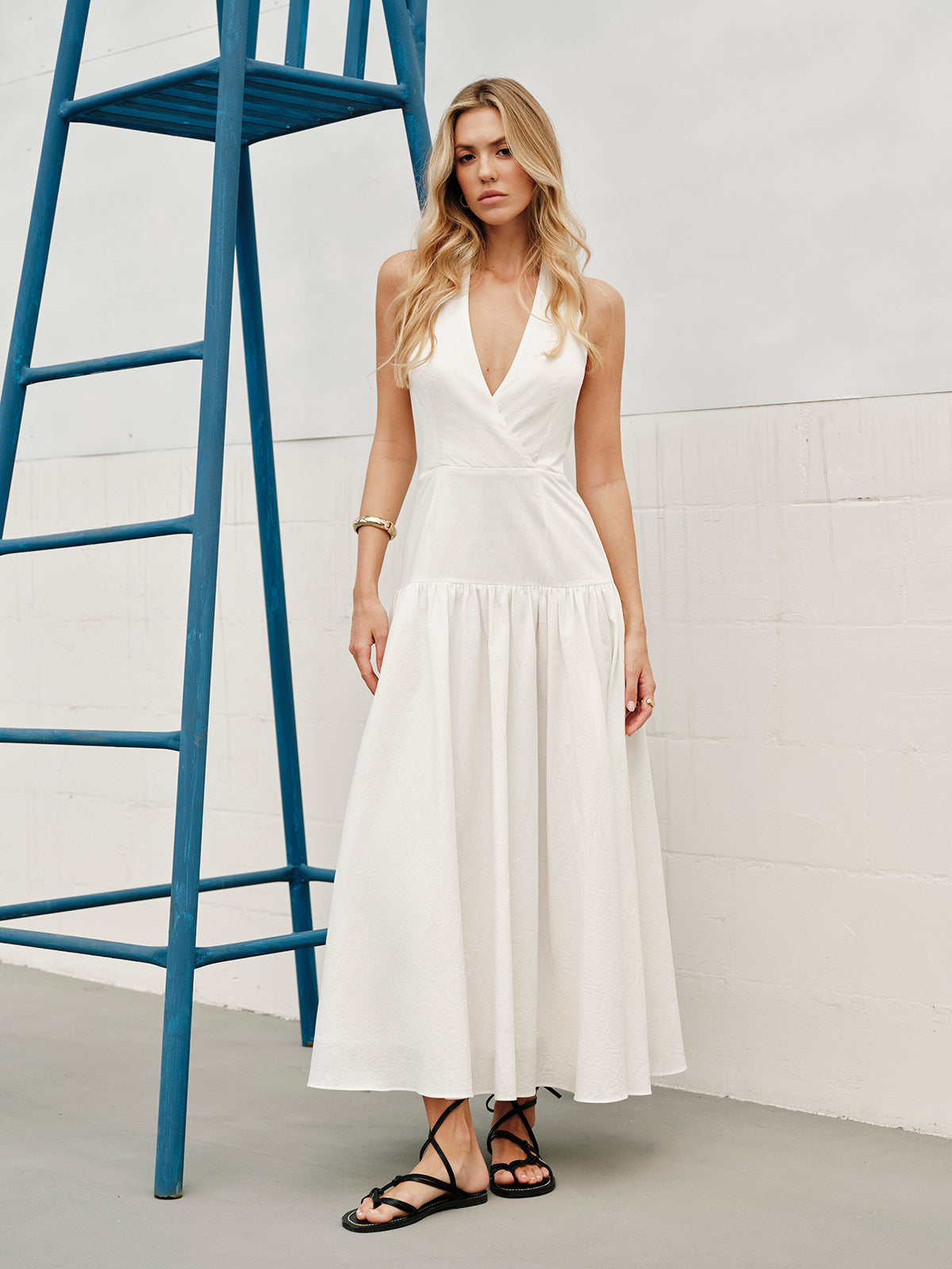 Cotton Halter V-Neck Backless Dress-Chicvia