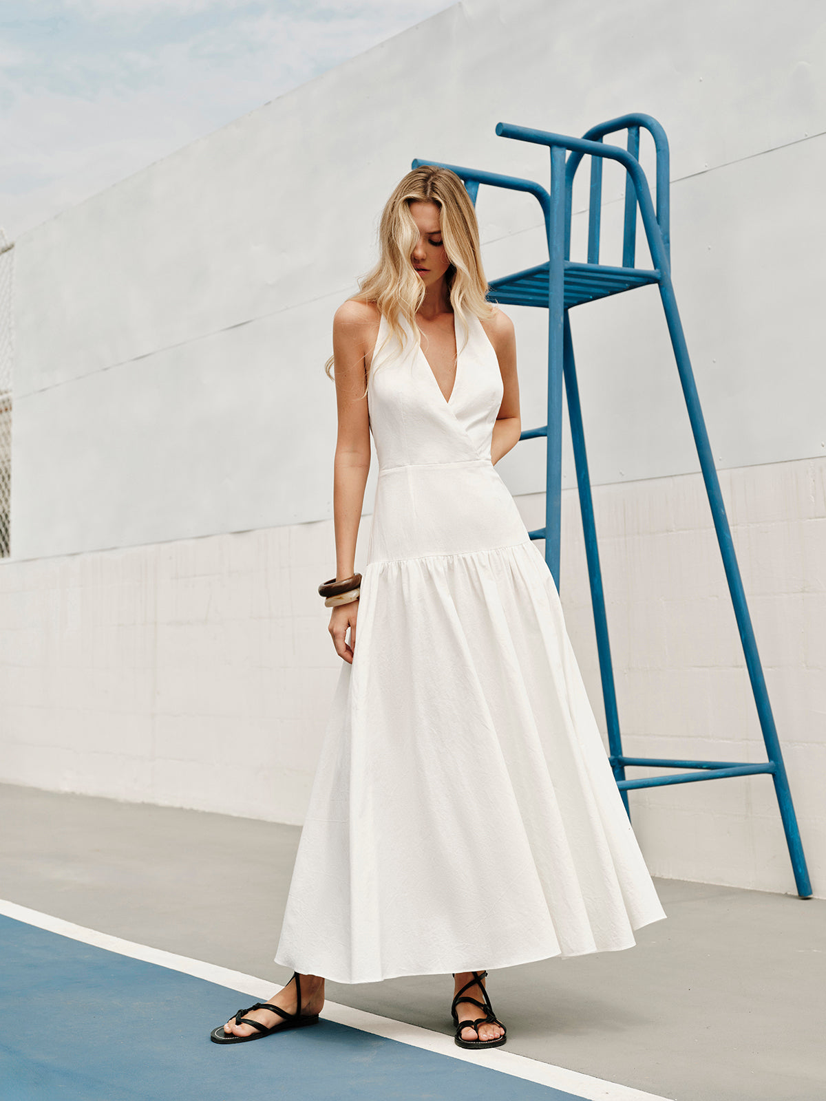 Cotton Halter V-Neck Backless Dress-Chicvia