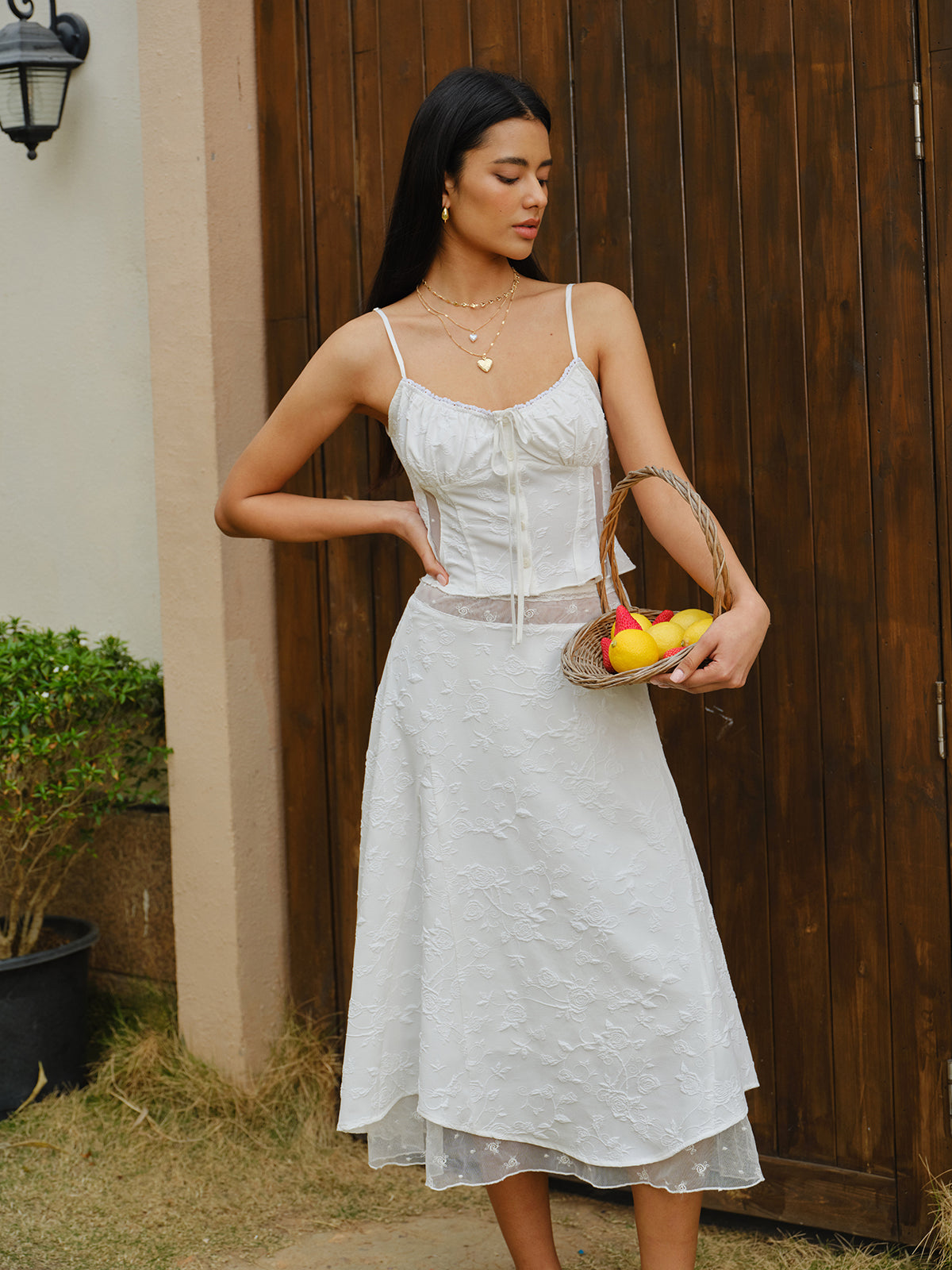 Embroidered Lace-Up Crop Top With Skirt Set-Chicvia