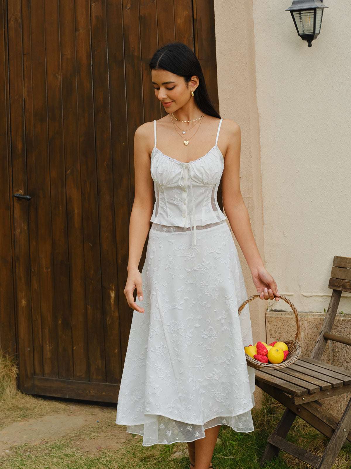 Embroidered Lace-Up Crop Top With Skirt Set-Chicvia