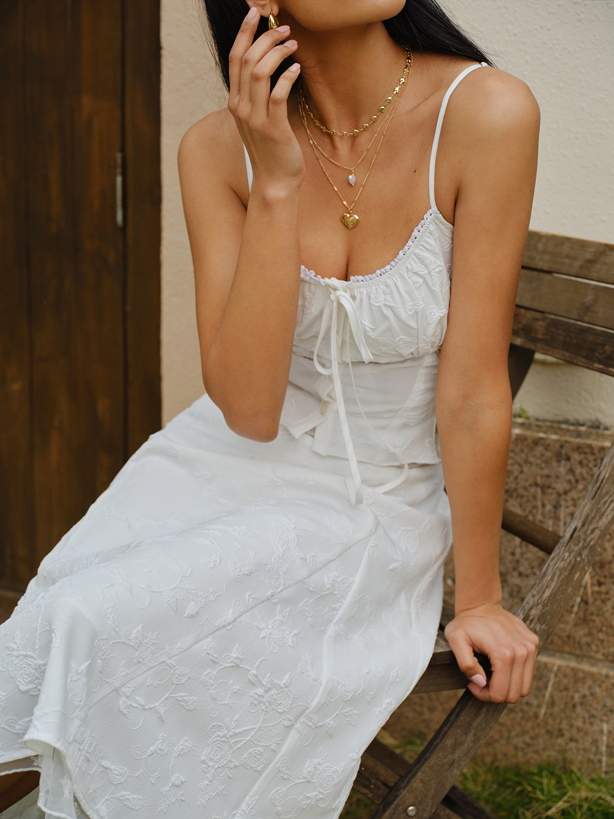 Embroidered Lace-Up Crop Top With Skirt Set-Chicvia