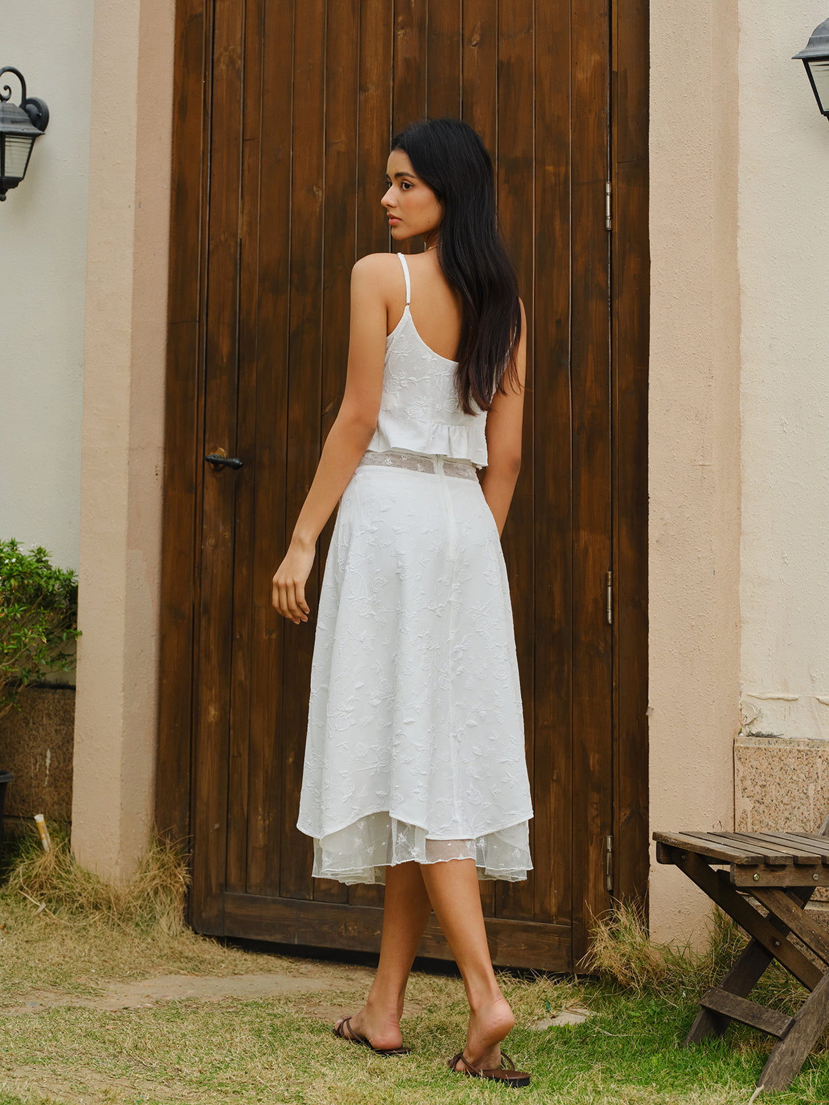 Embroidered Lace-Up Crop Top With Skirt Set-Chicvia