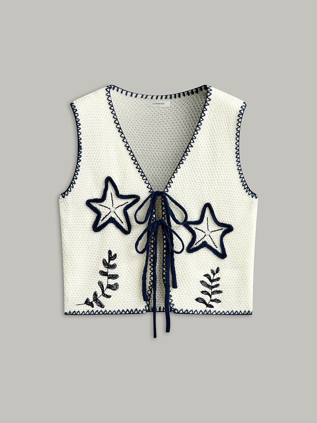 Embroidered Knit Tie-Front Vest-Chicvia