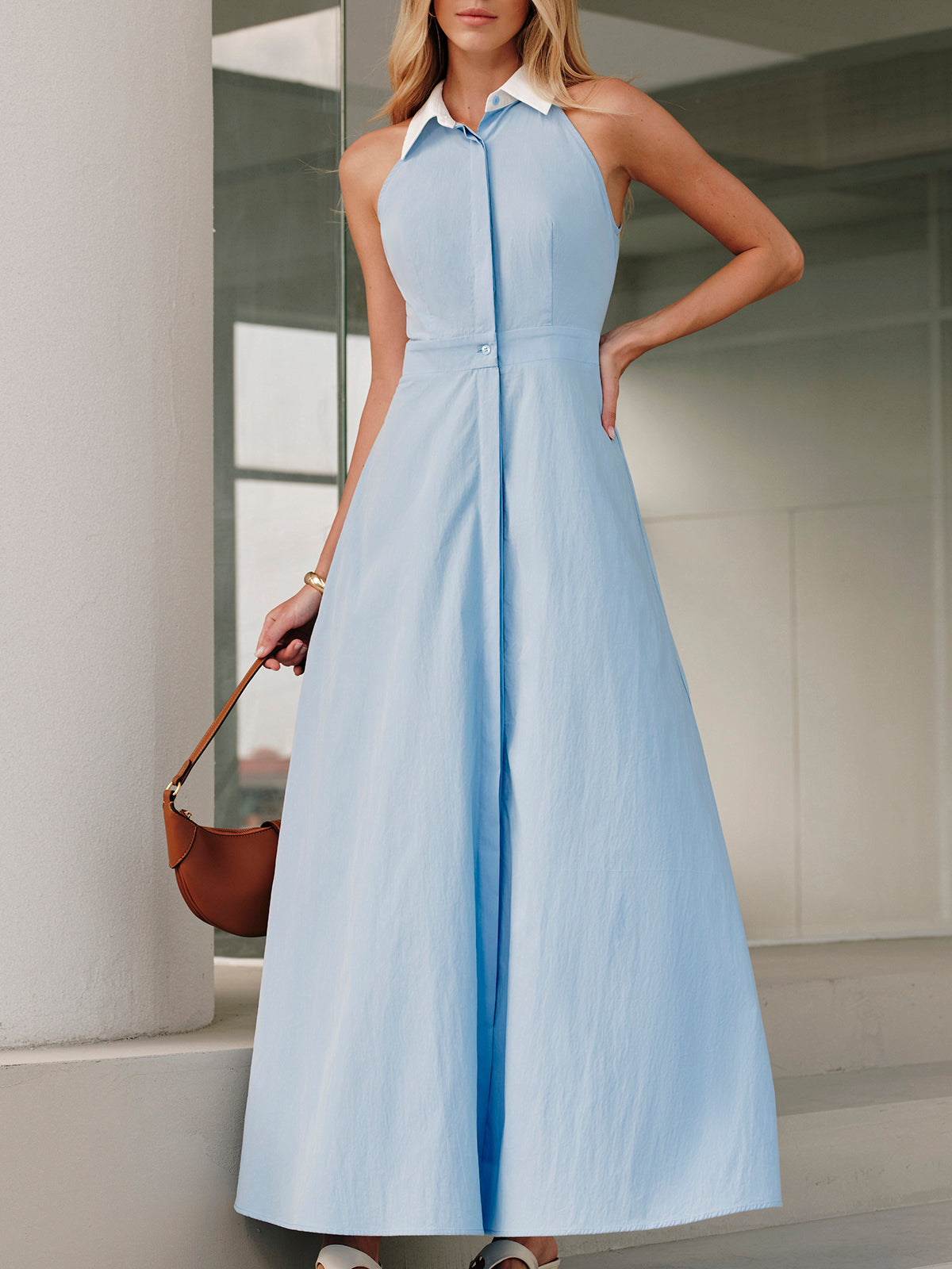 Button Sleeveless Collar Dress-Chicvia