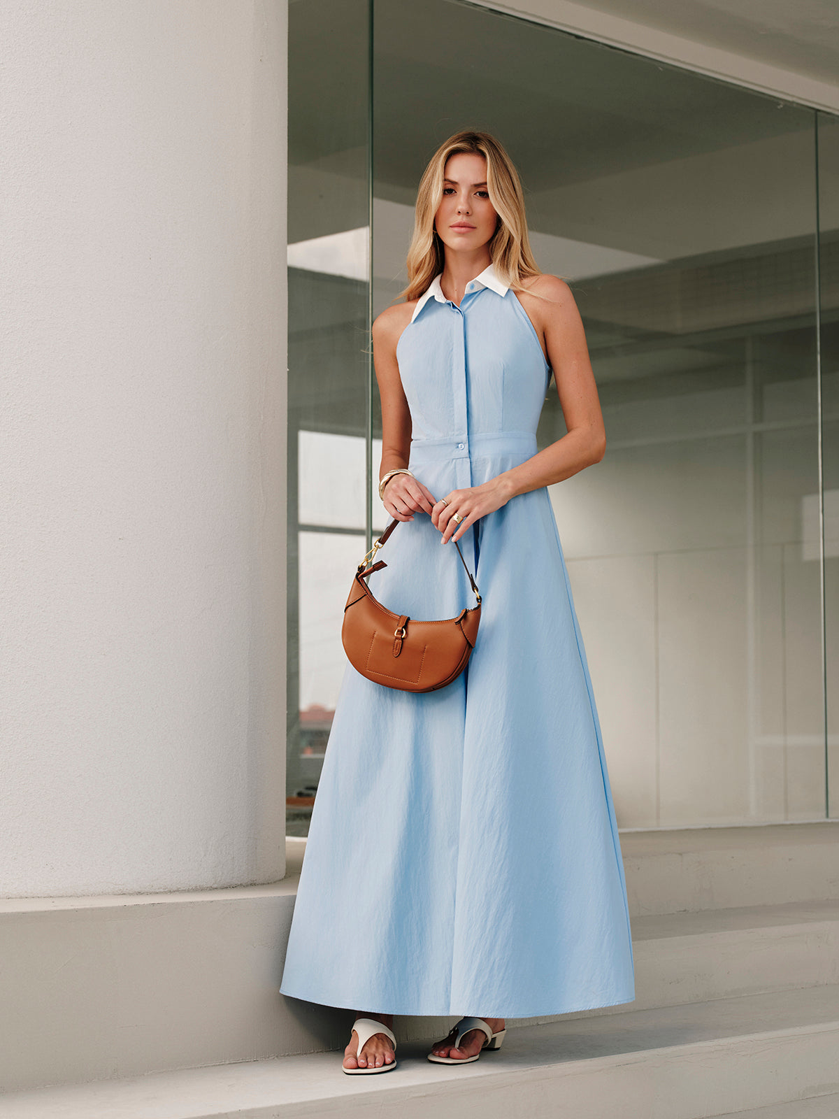 Button Sleeveless Collar Dress-Chicvia