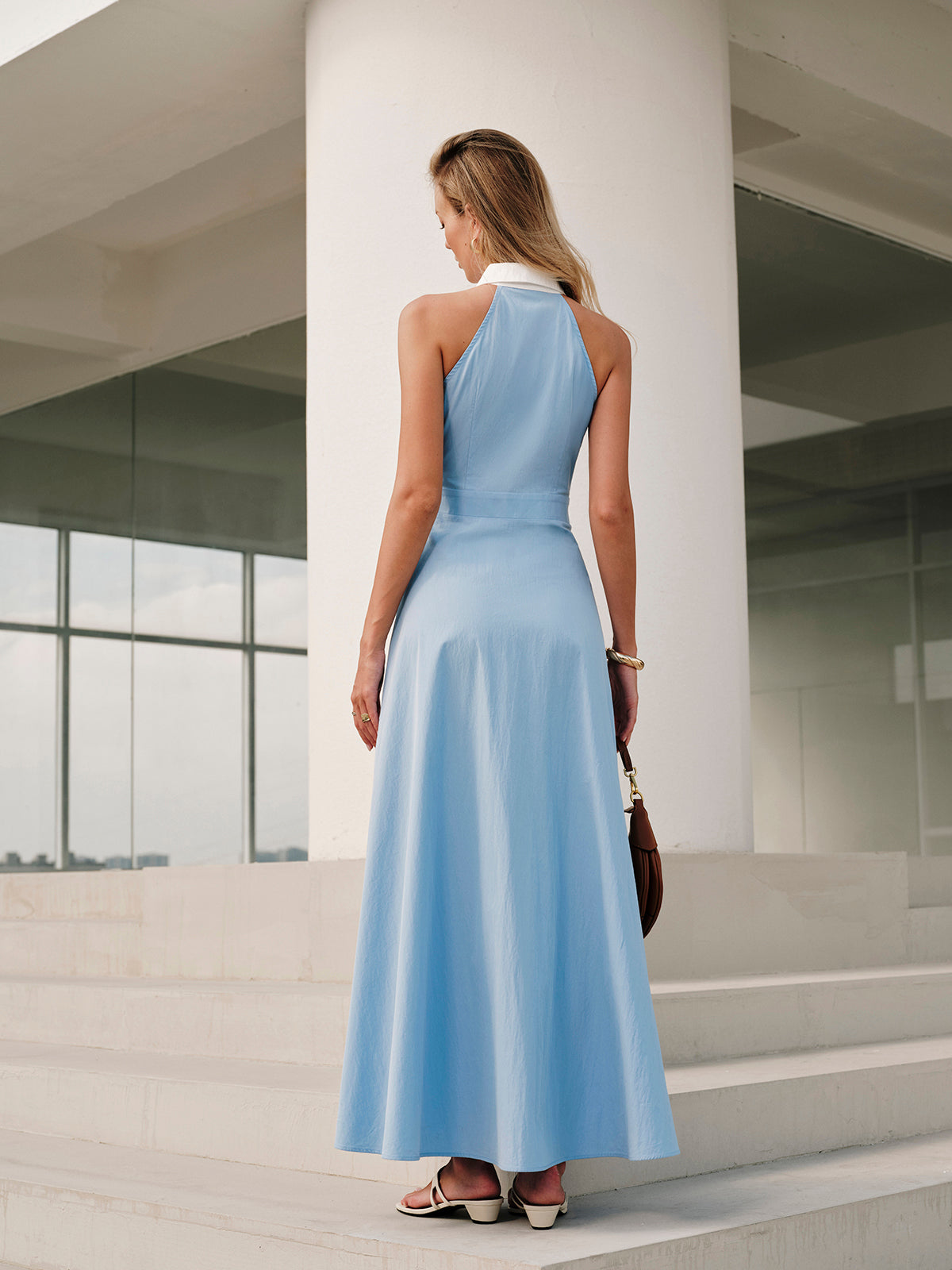 Button Sleeveless Collar Dress-Chicvia