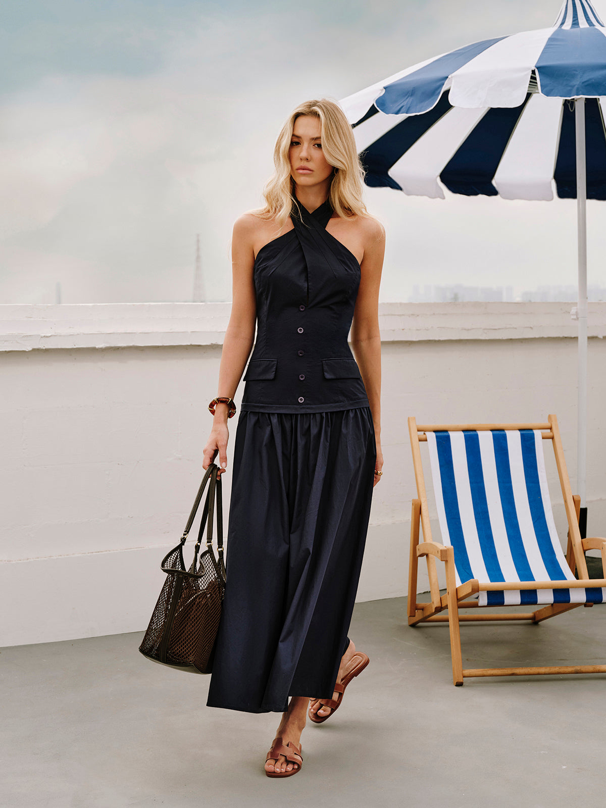 Halter Cross-Over Collar Zipper Decor-Pockets Dress-Chicvia