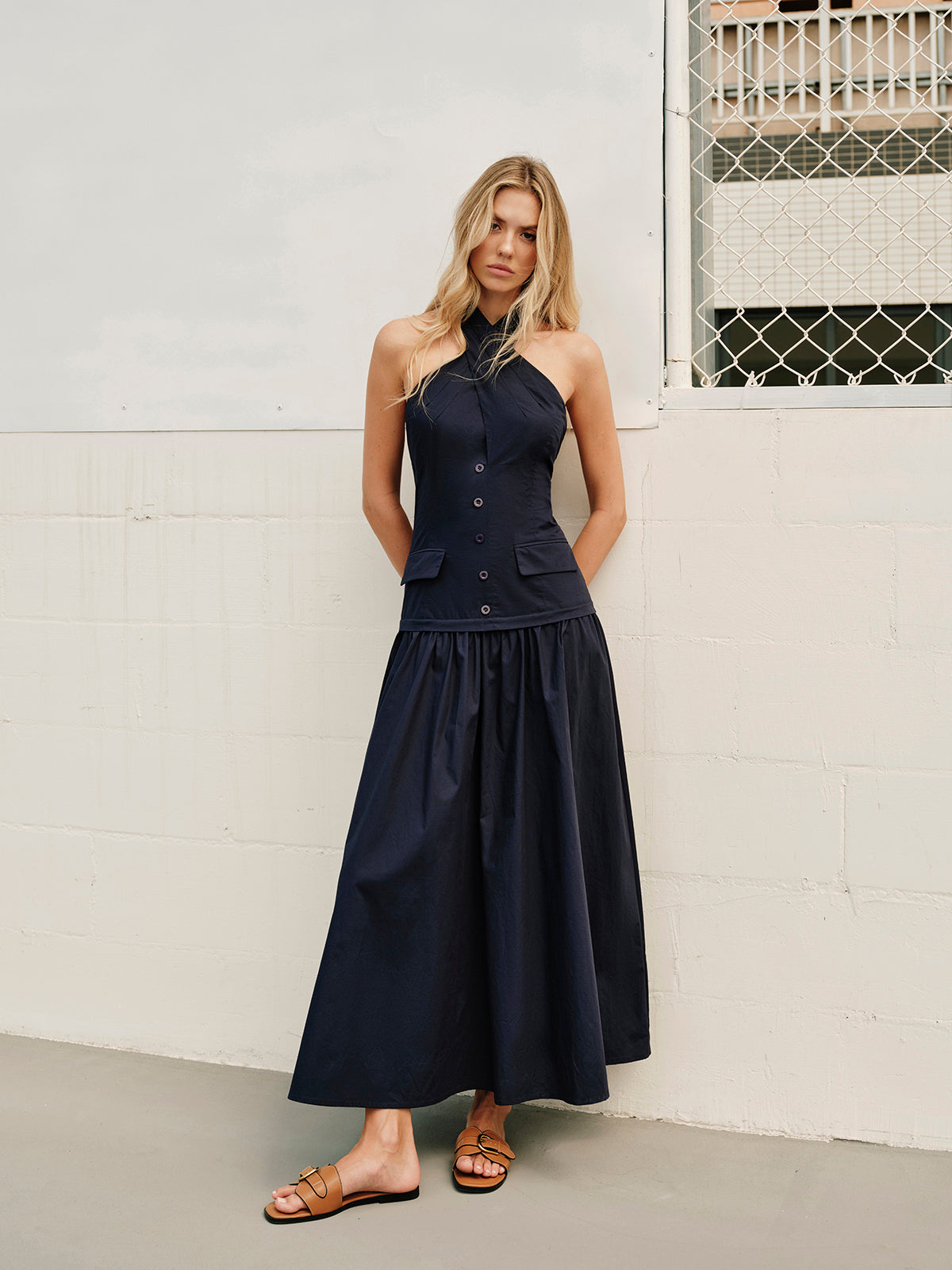 Halter Cross-Over Collar Zipper Decor-Pockets Dress-Chicvia