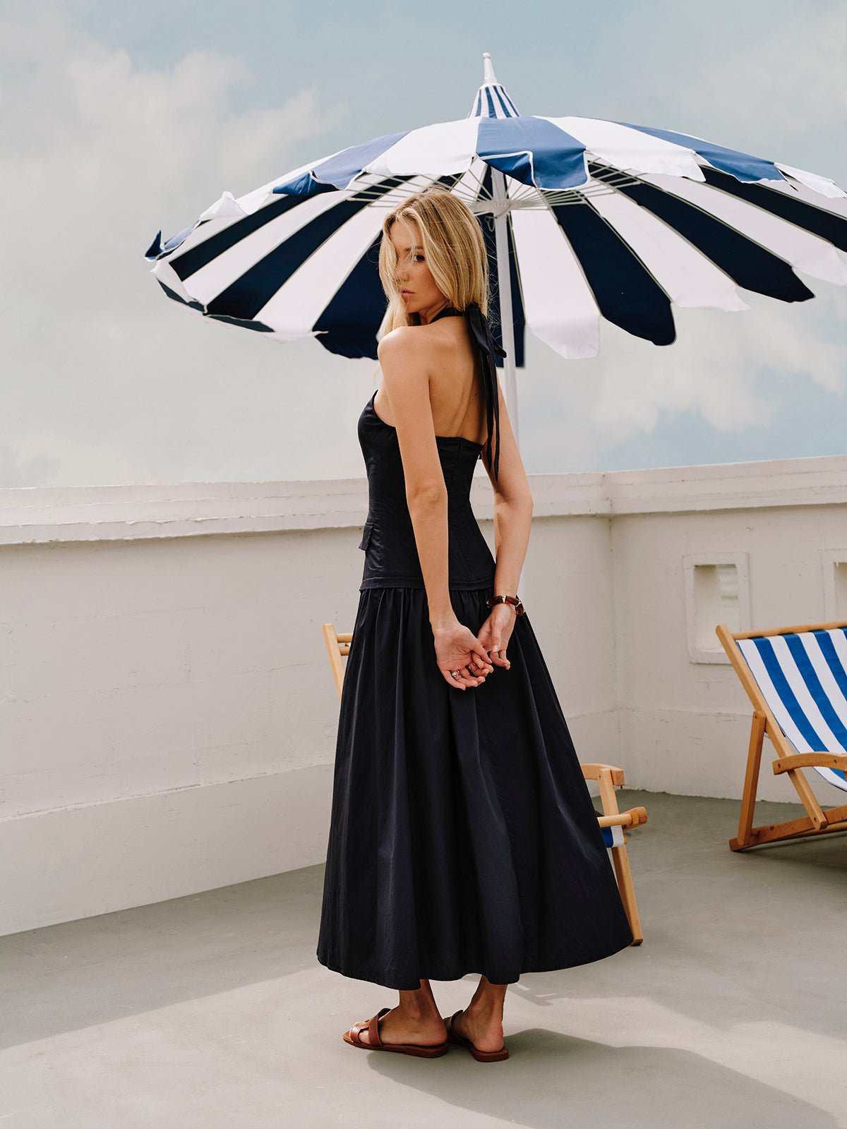 Halter Cross-Over Collar Zipper Decor-Pockets Dress-Chicvia