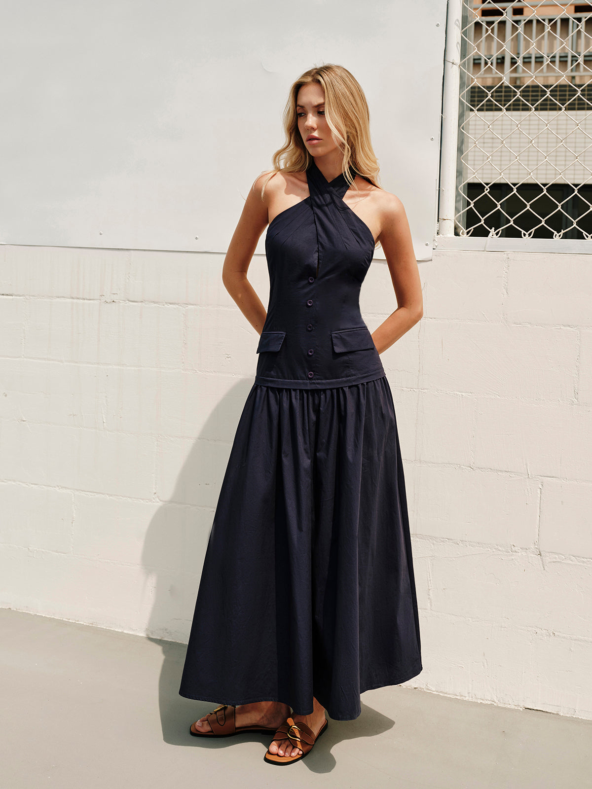 Halter Cross-Over Collar Zipper Decor-Pockets Dress-Chicvia