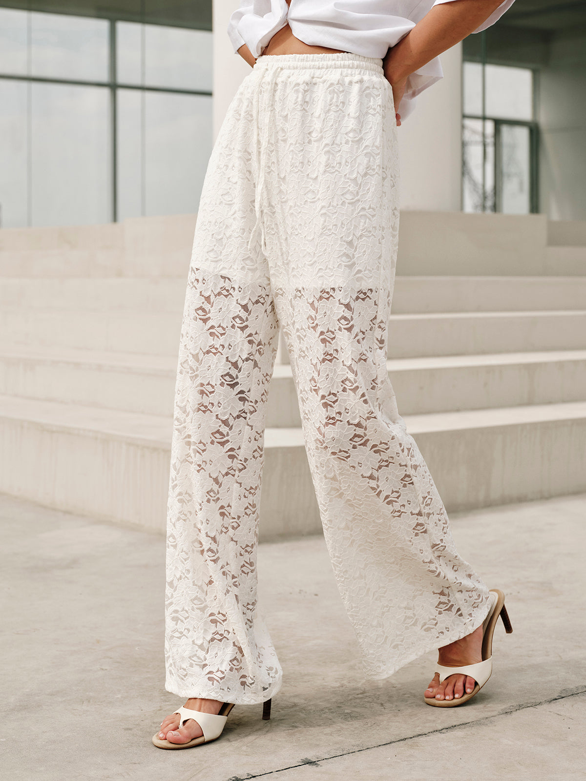 Drawstring Mid-Waist Lace Pant-Chicvia