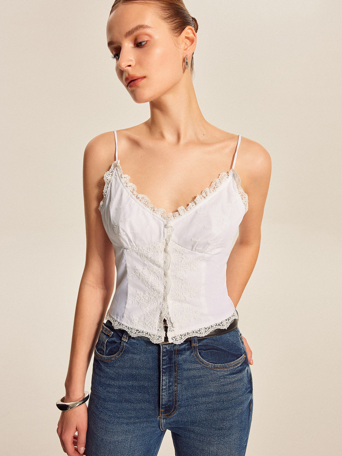 Lace Trim Button-Up Cami Top-Chicvia